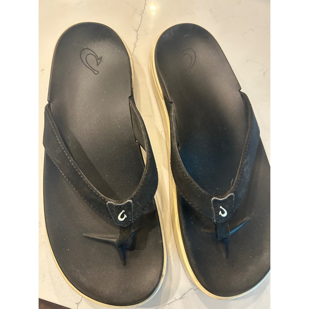 OluKai Nu'a Pi'o Sandals Black Platform Flip Flops Thong Beach Water Friendly